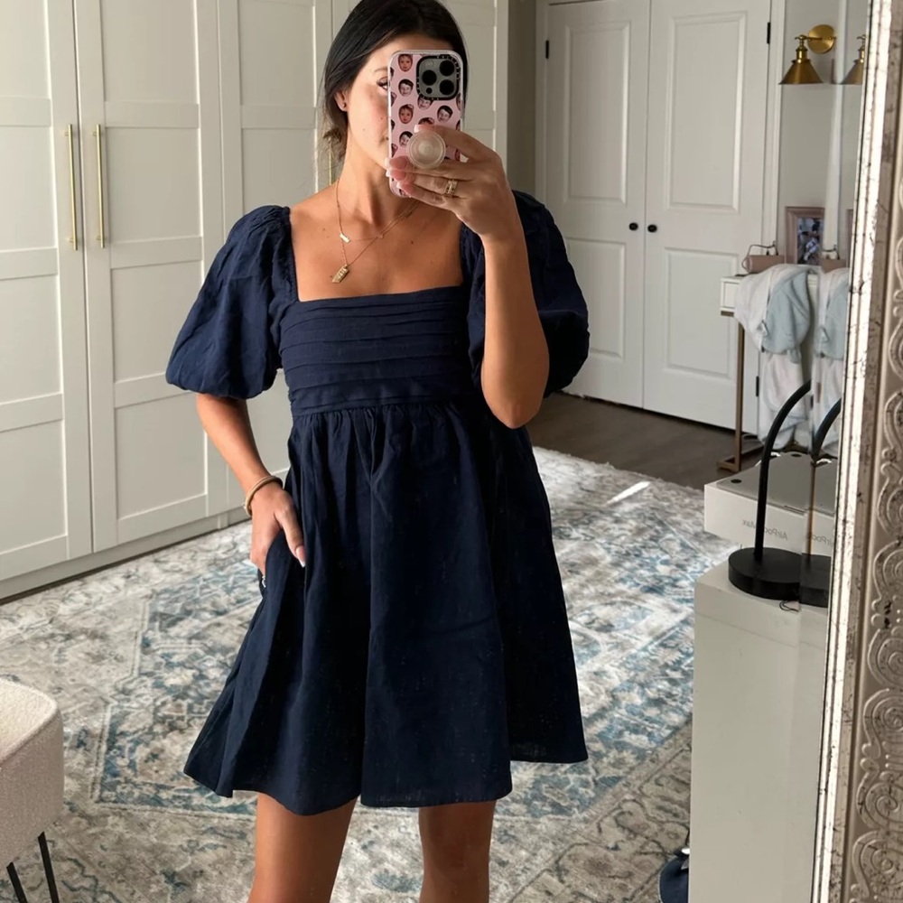 Abercrombie & Fitch Linen Blend Navy Blue Emerson Puffed Sleeve Mini Dress - XS